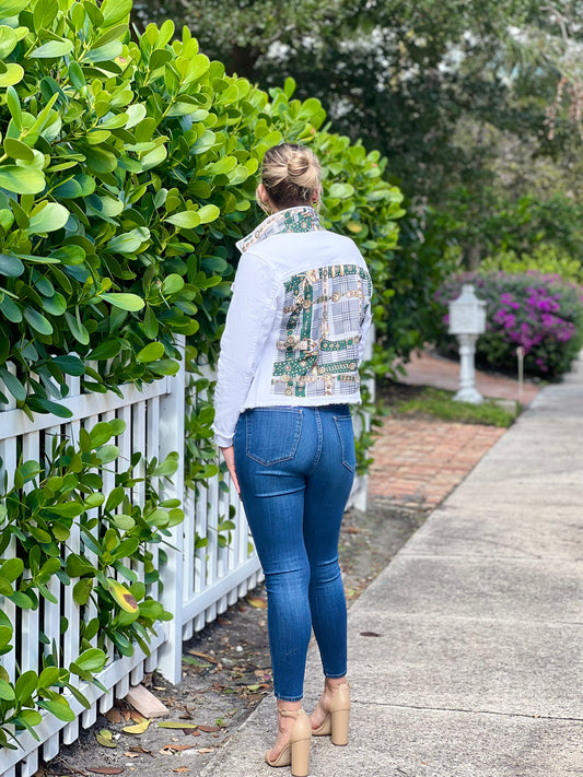 The White Denim Jacket / Hounds Tooth / Green Strap - Stacy Bradley Design