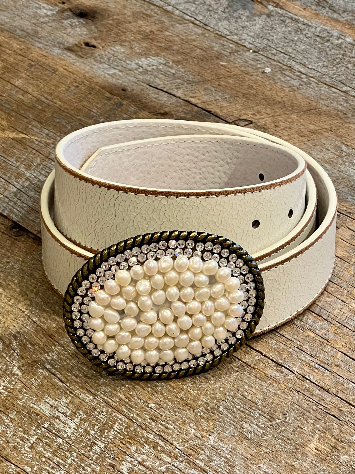 Belt Buckle / White Fresh Water Pearl / Swarovski Crystals - Stacy Bradley Design
