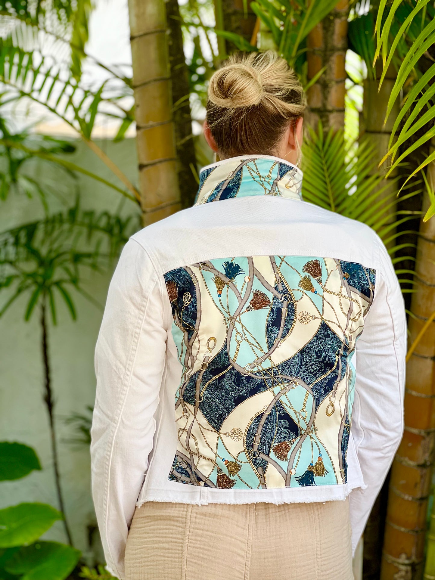 The White Demin Jacket / Teal and Tassels - Stacy Bradley Design