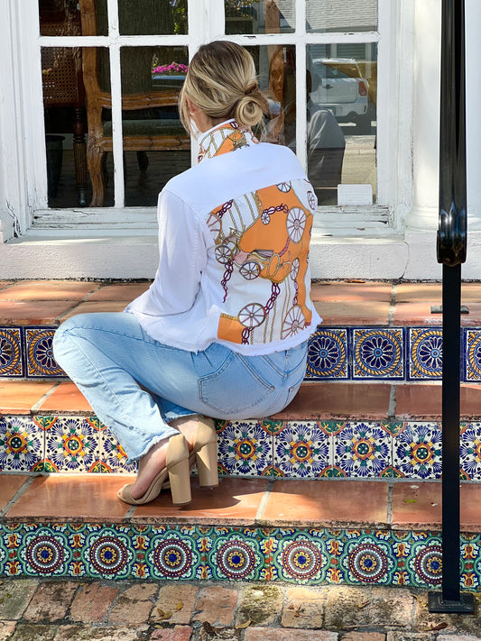 The White Denim Jacket / Designer Orange - Stacy Bradley Design