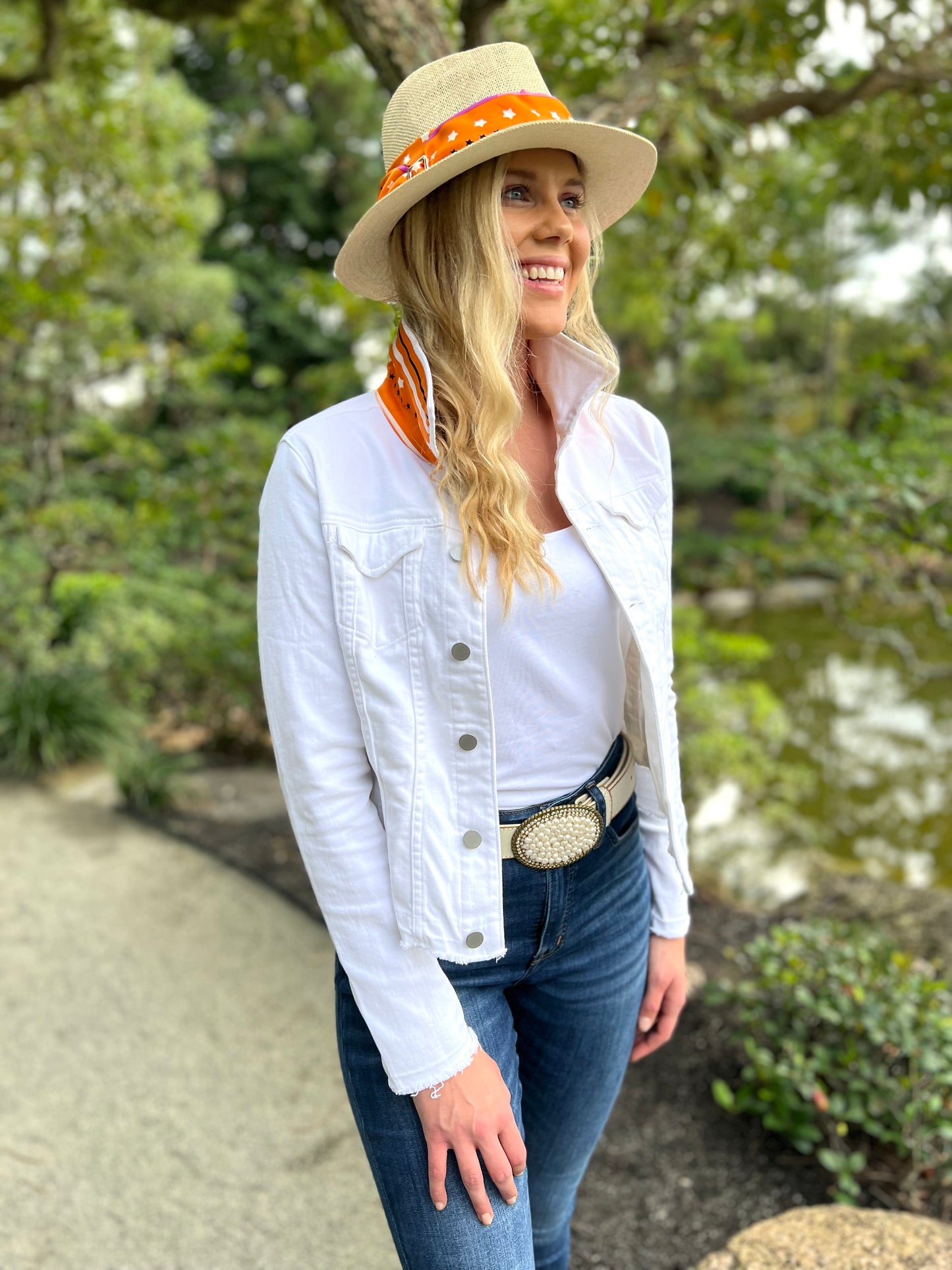 The White Denim Jacket / Orange Tiger - Stacy Bradley Design