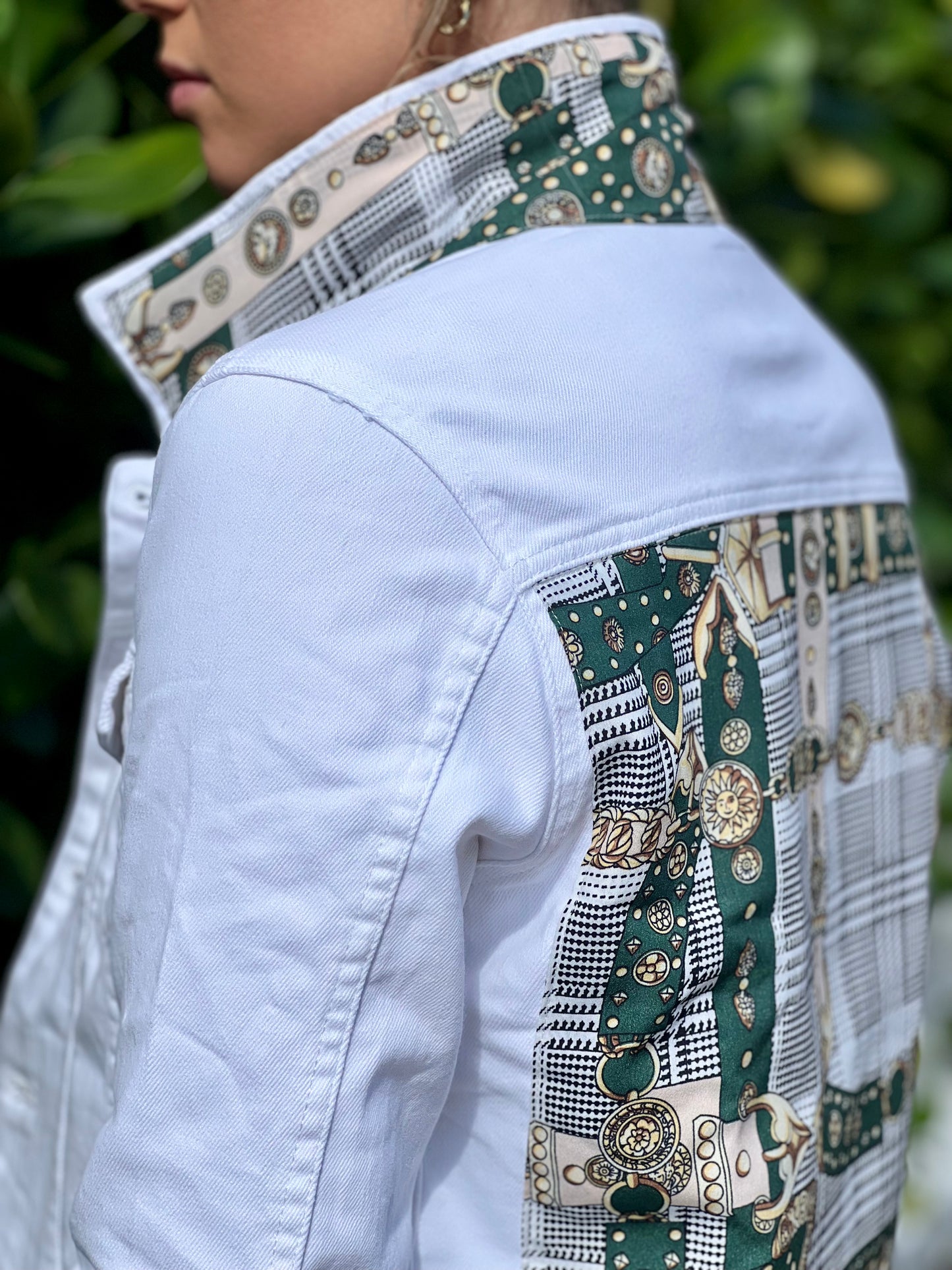 The White Denim Jacket / Hounds Tooth / Green Strap - Stacy Bradley Design