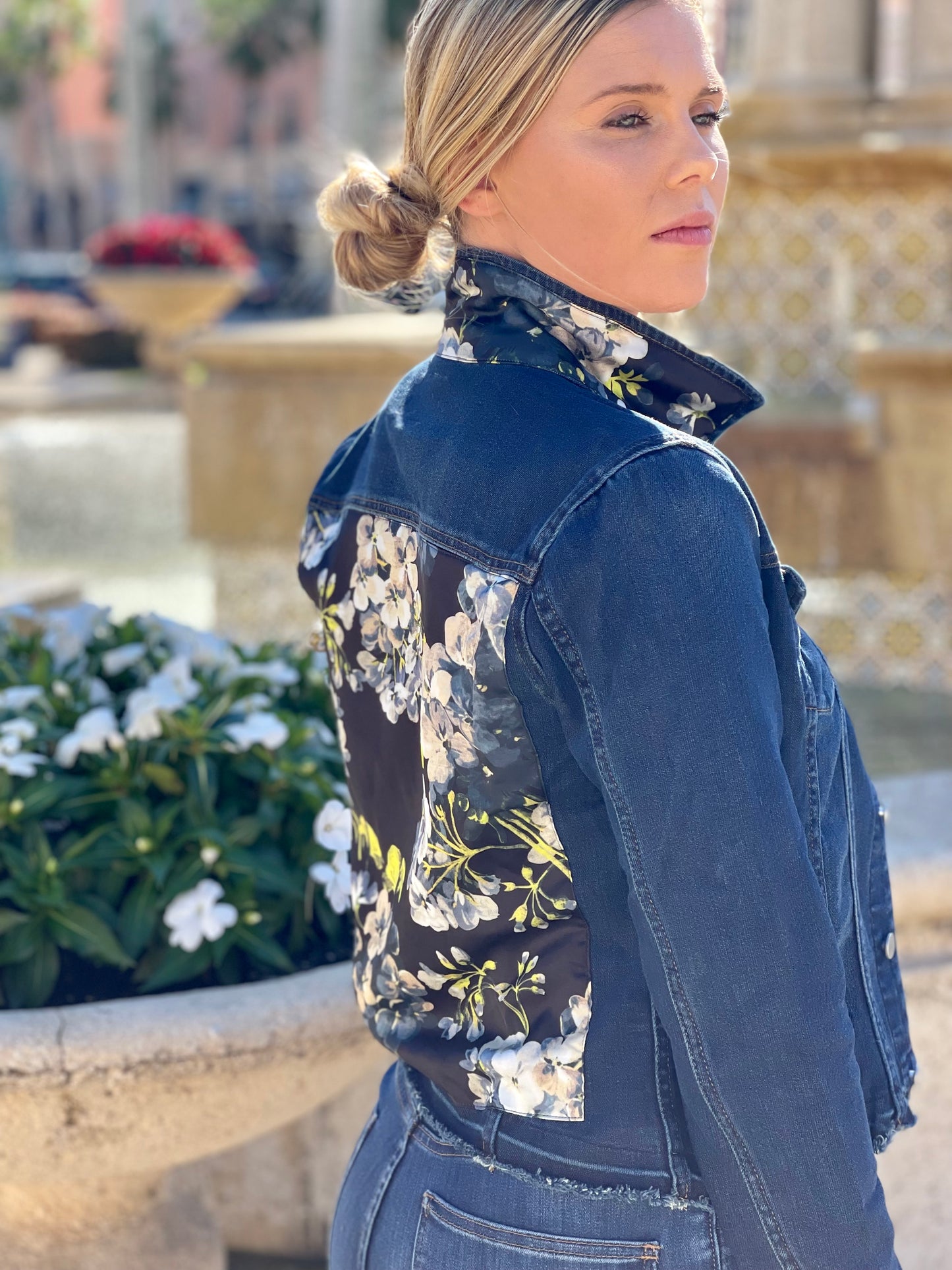 The Dark Denim Jacket / Blue Flower on Black - Stacy Bradley Design