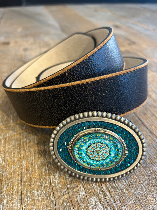 Belt Buckle / Cabochon Blues and Greens / Swarovski Crystals - Stacy Bradley Design