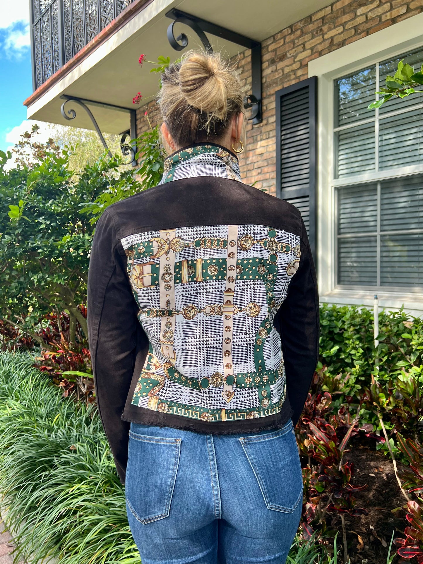 The Black Denim Jacket / Hounds Tooth / Green Strap - Stacy Bradley Design