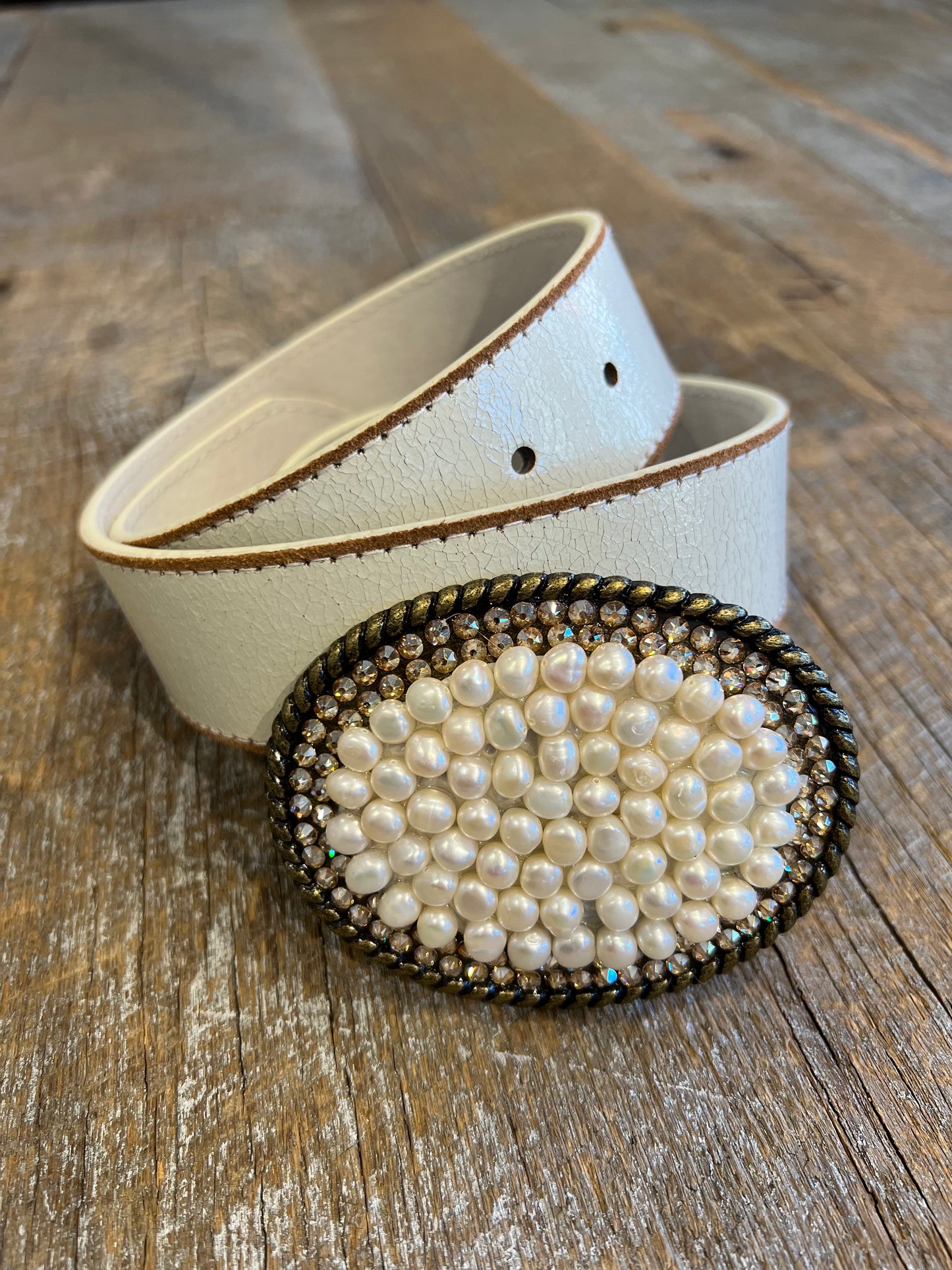 Belt Buckle / White Fresh Water Pearl / Champagne Gold Swarovski Crystals - Stacy Bradley Design