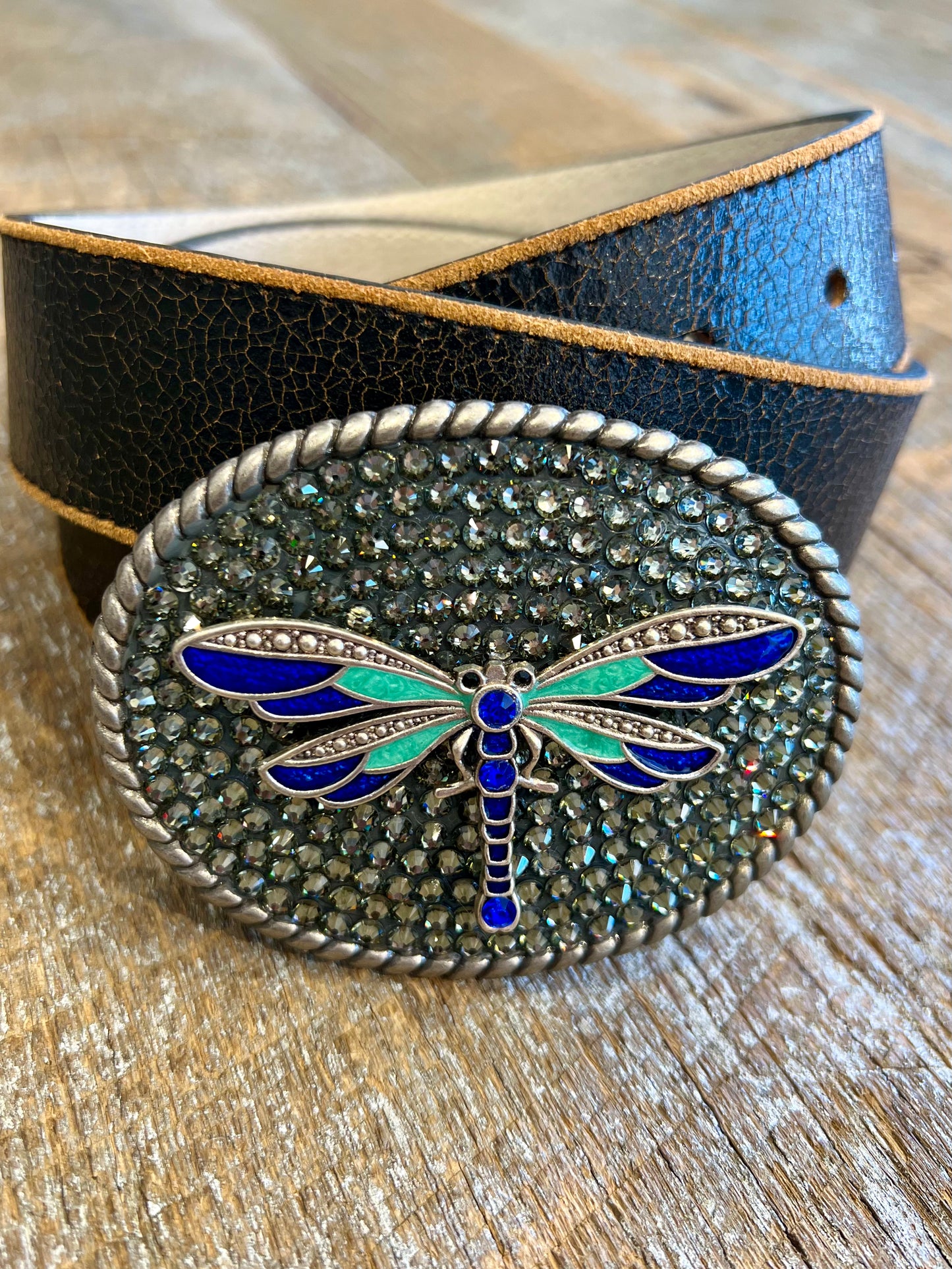 Belt Buckle / Blues Dragonfly / Black Diamond Swarovski Crystals - Stacy Bradley Design