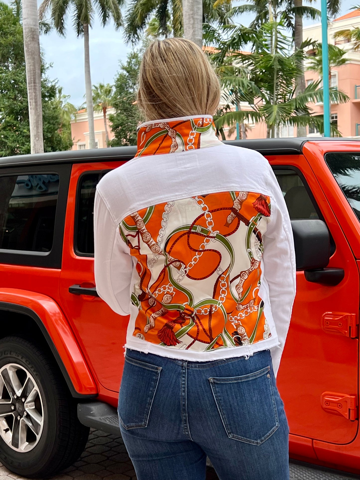 The White Demin Jacket / Orange and Camo Straps / Wholesale - Stacy Bradley Design