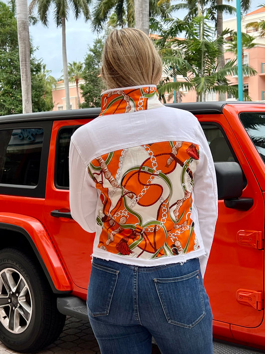 The White Demin Jacket / Orange and Camo Straps / Wholesale - Stacy Bradley Design