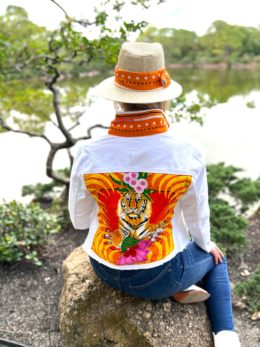 The White Denim Jacket / Orange Tiger - Stacy Bradley Design