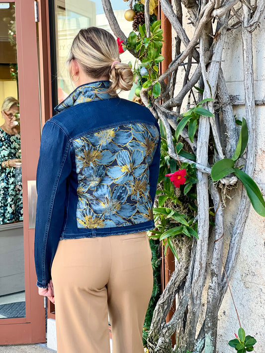 The Dark Denim Jacket / Denim Blue Flower with Gold - Stacy Bradley Design