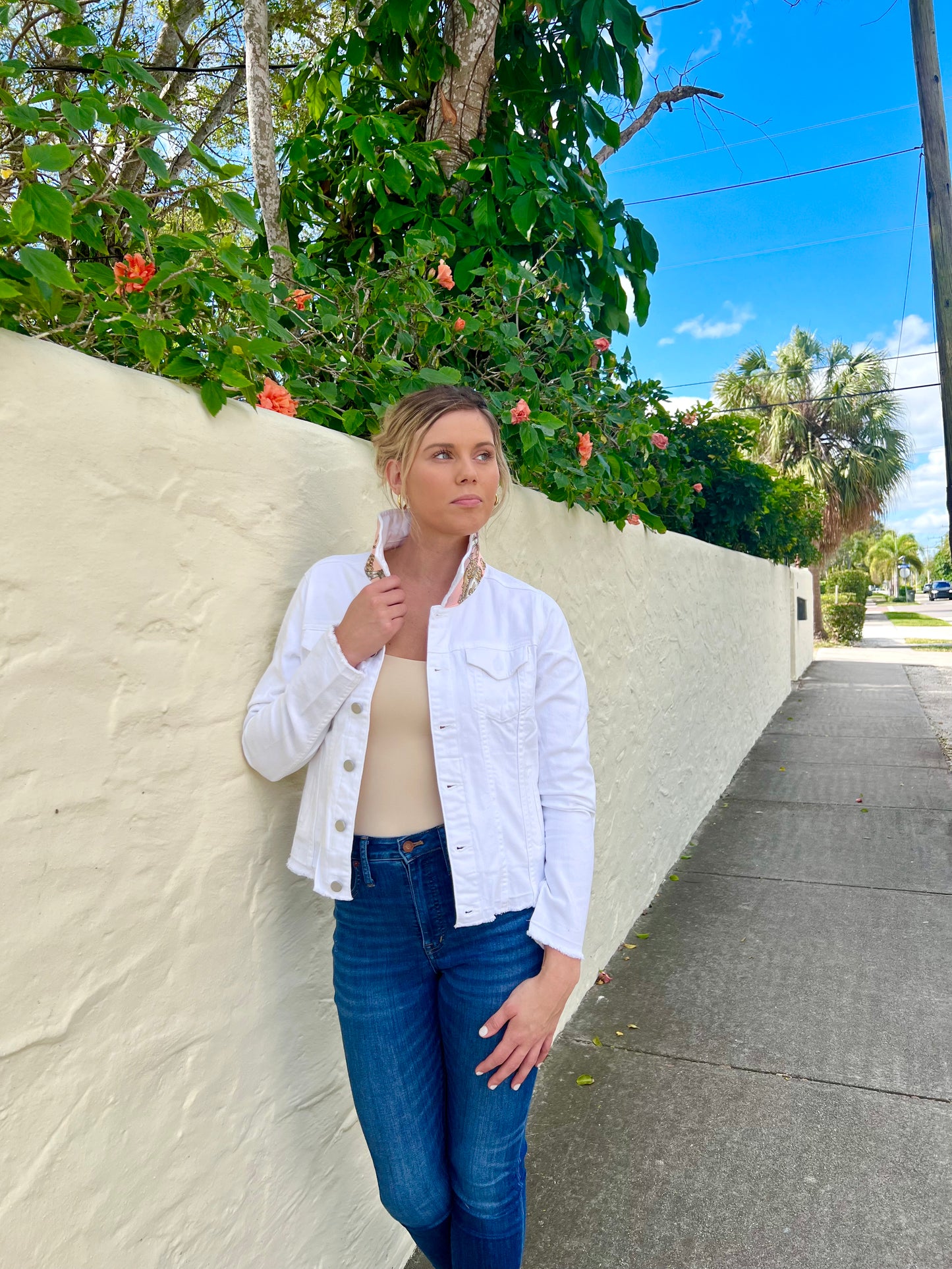 The White Denim Jacket / Blush Stirrup / Wholesale - Stacy Bradley Design