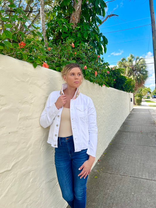 The White Denim Jacket / Blush Stirrup / Wholesale - Stacy Bradley Design