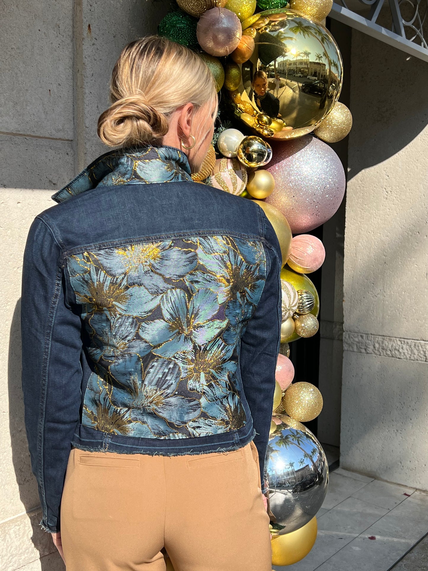The Dark Denim Jacket / Denim Blue Flower with Gold - Stacy Bradley Design