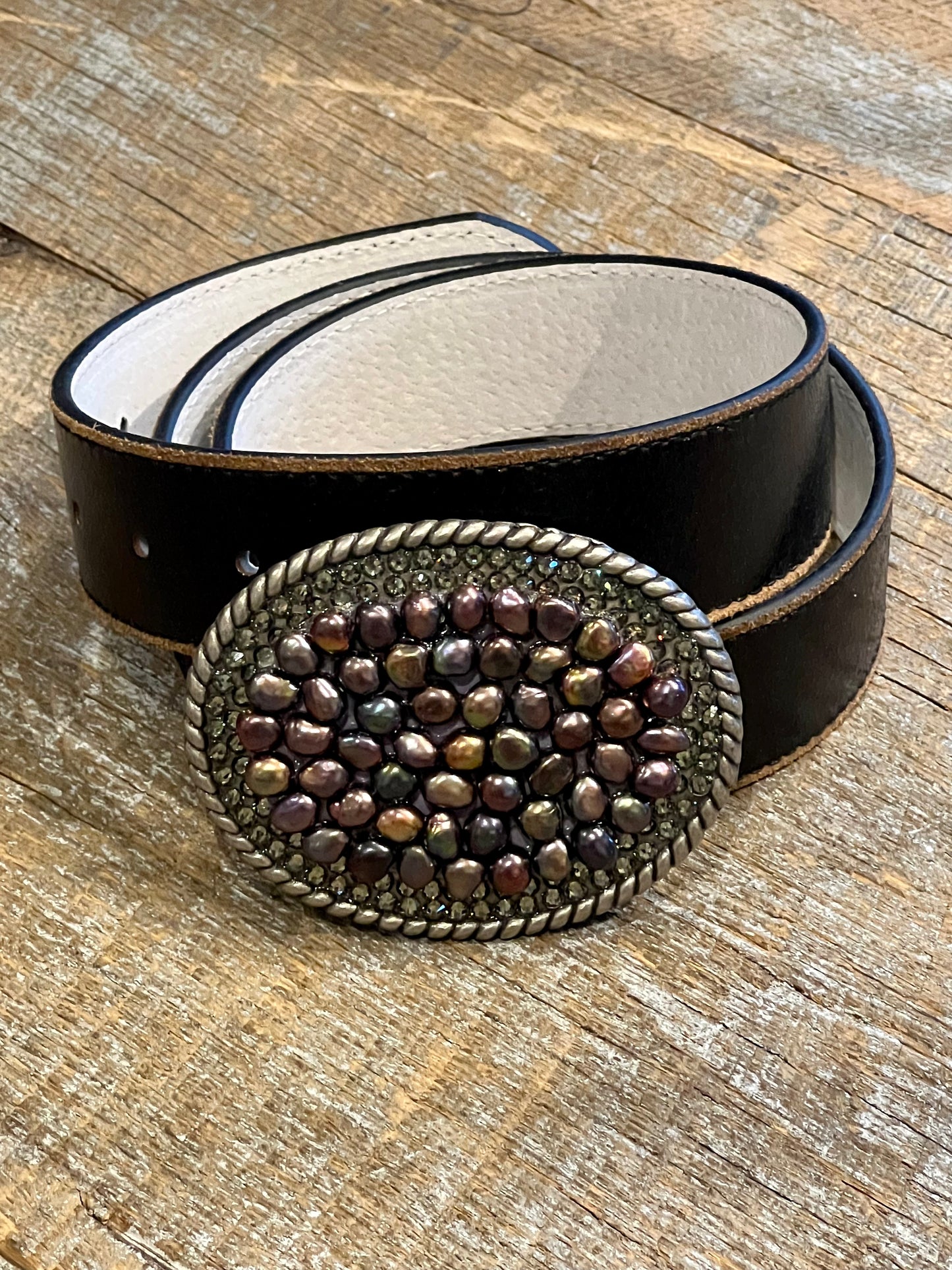 Belt Buckle / Peacock and Swarovski Crystal Freshwater Pearl - Stacy Bradley Design