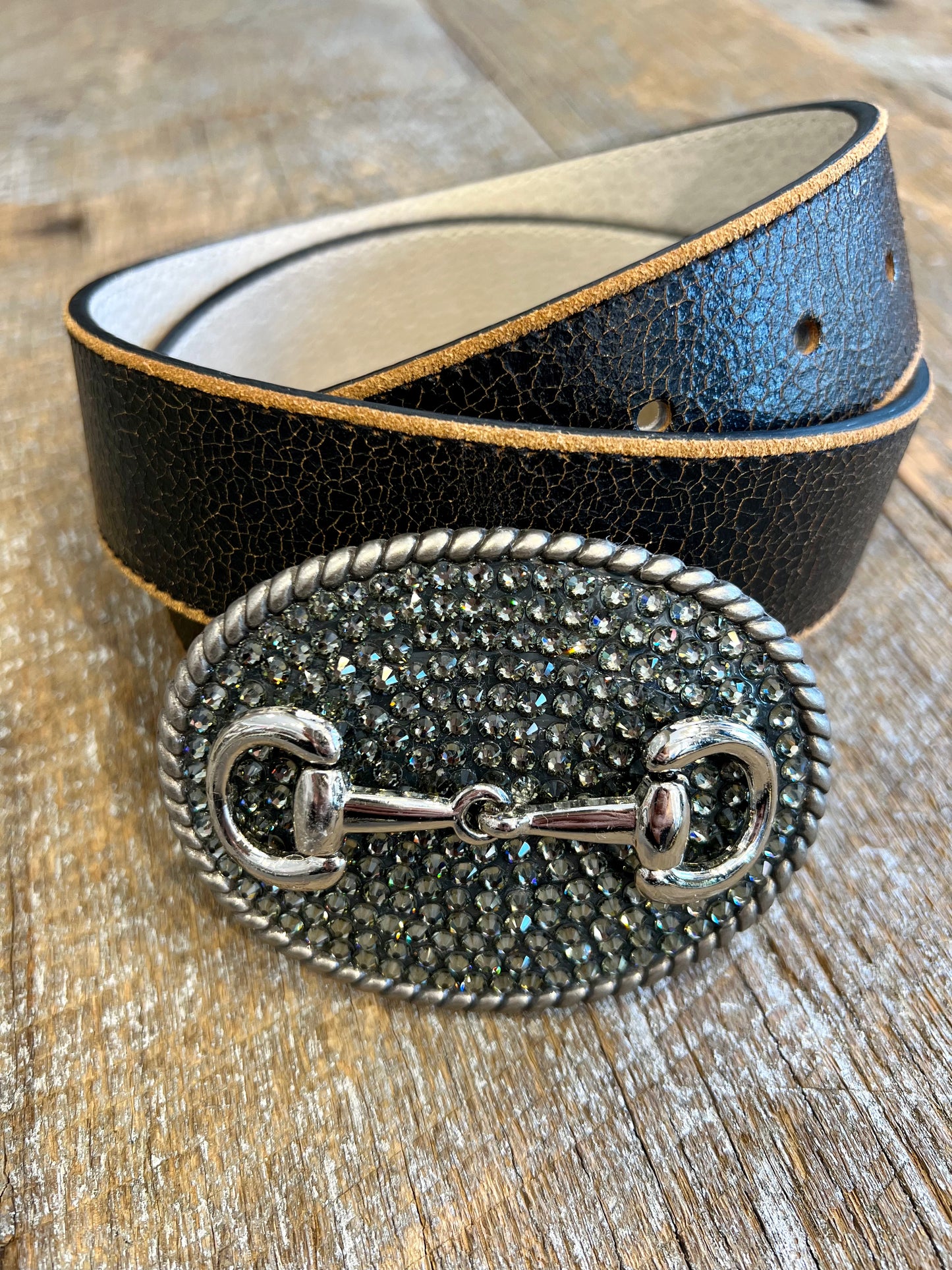 Belt Buckle / Black Diamond Swarovski Crystals / Silver Bit