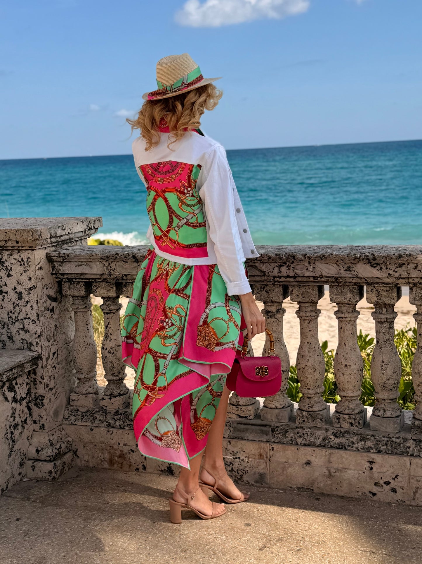 The White Denim Jacket / Turquoise & Pink Stirrup