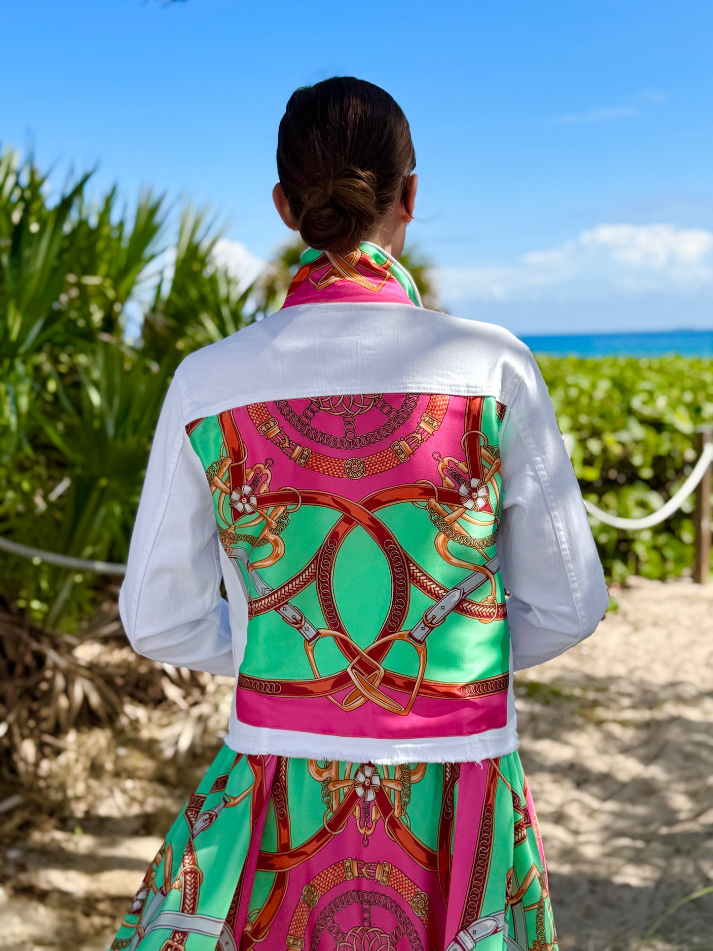 The White Denim Jacket / Turquoise & Pink Stirrup