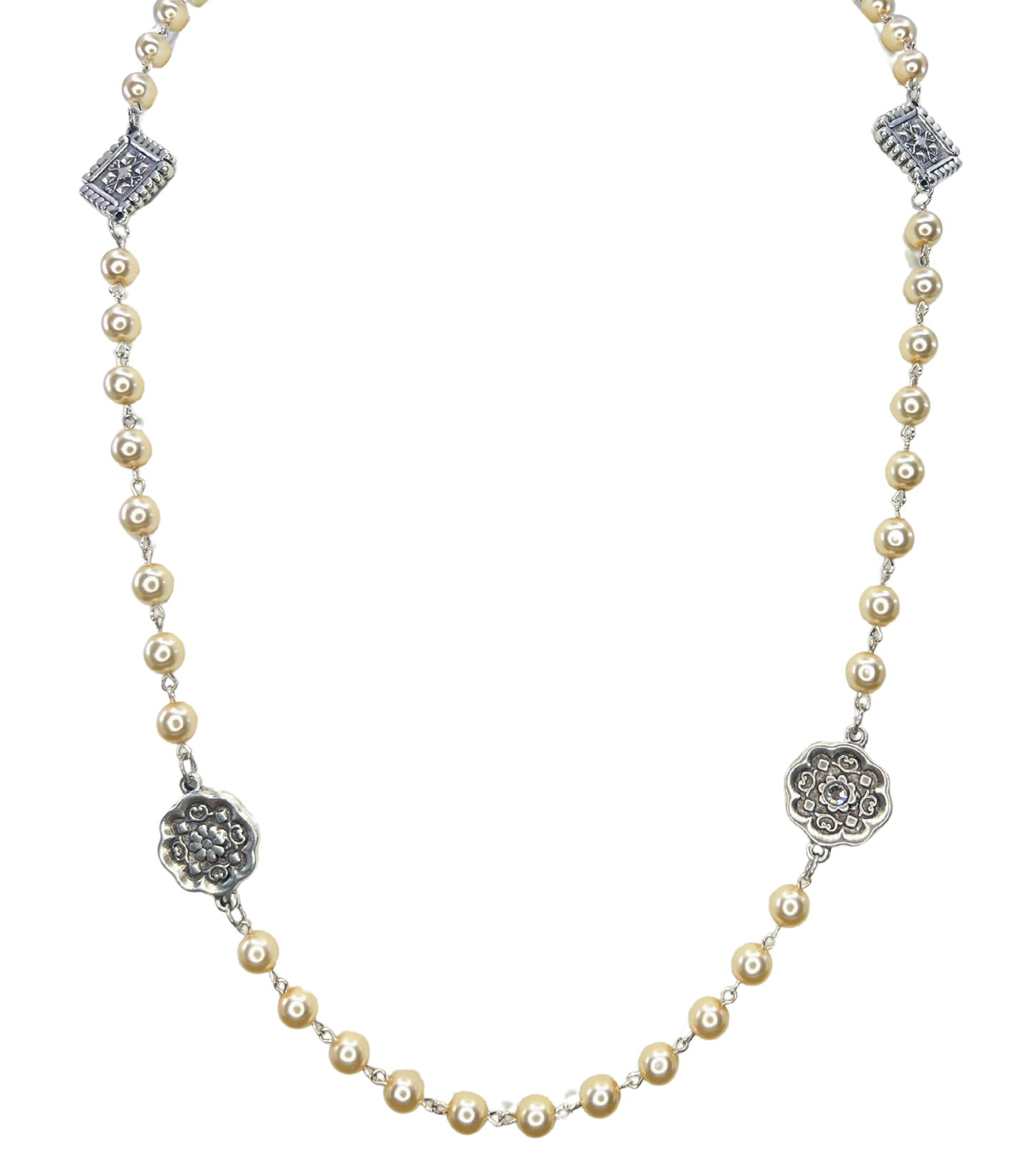 Vintage Reproduction Silver Charm & Pearl Necklace - Stacy Bradley Design