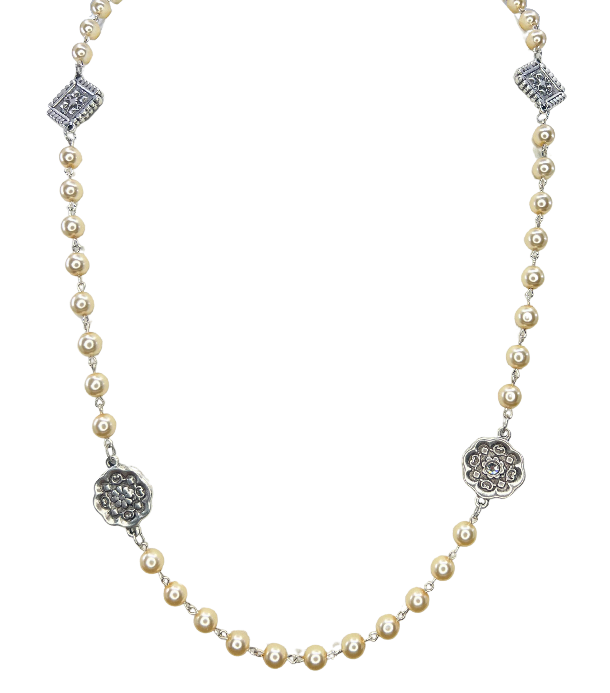 Vintage Reproduction Silver Charm & Pearl Necklace - Stacy Bradley Design