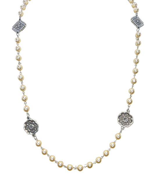 Vintage Reproduction Silver Charm & Pearl Necklace