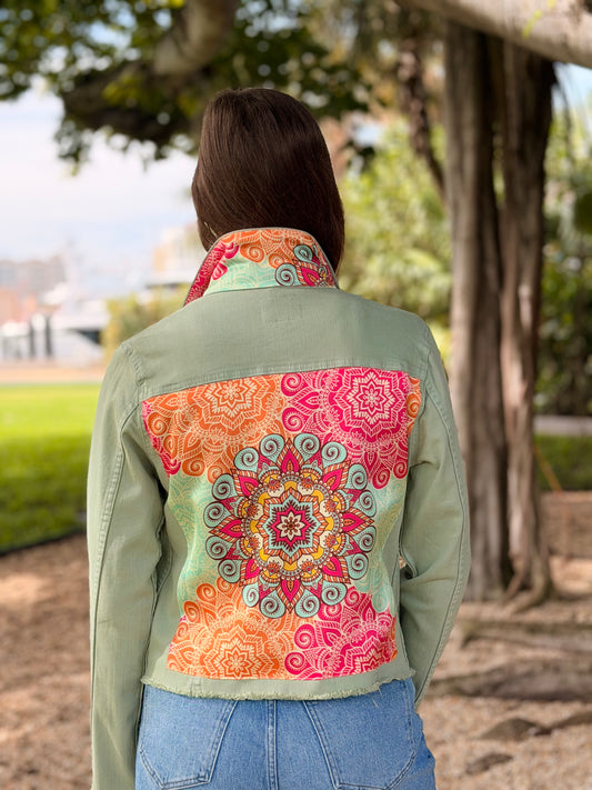 The Tea Leaf Green Denim Jacket / Mandala Burst - Stacy Bradley Design
