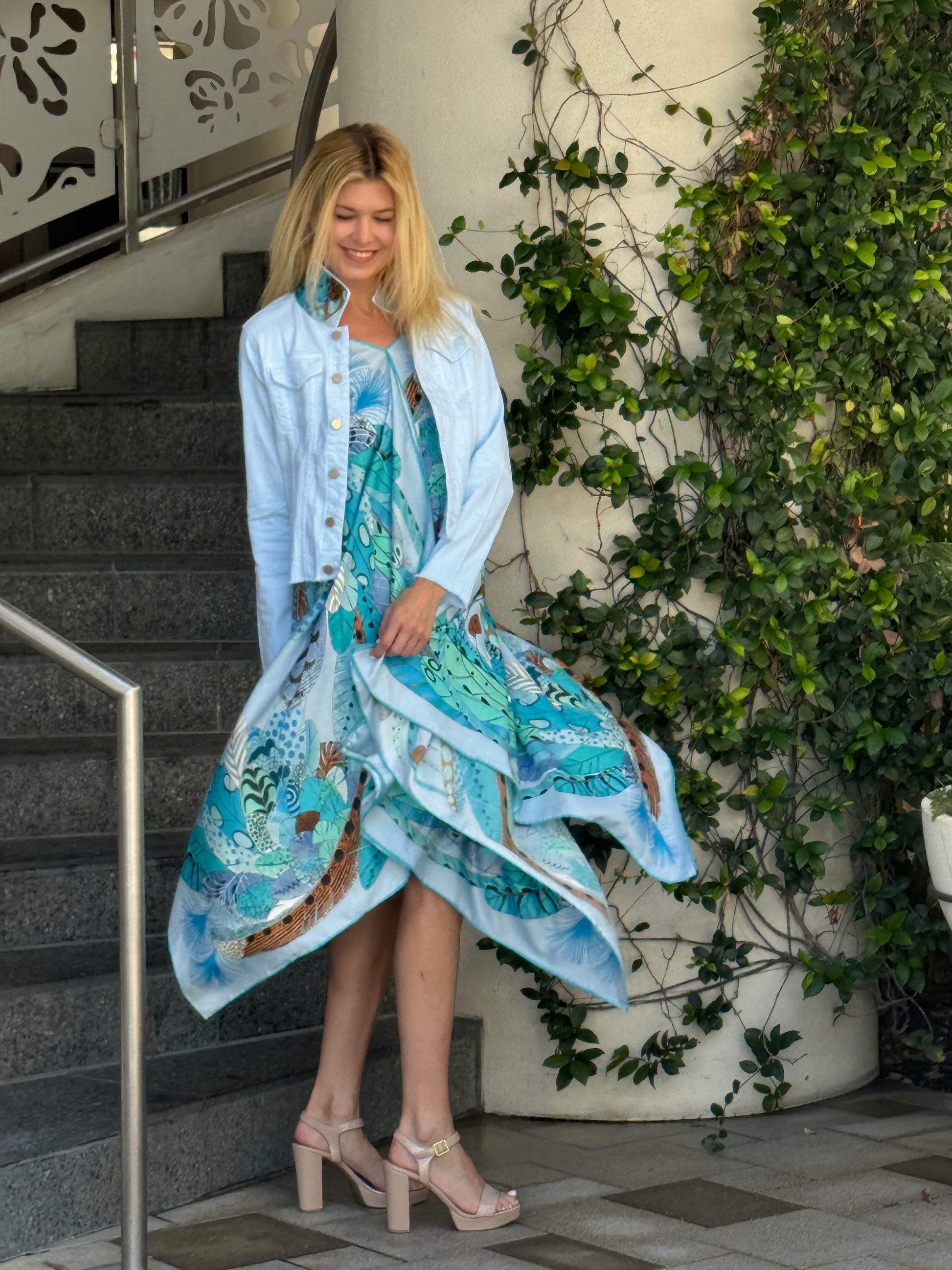 print silk dress design J.McLaughlin Women's Roni Silk Blend Dress in Midi Deco Bloom Blue/Aqua, Size XS