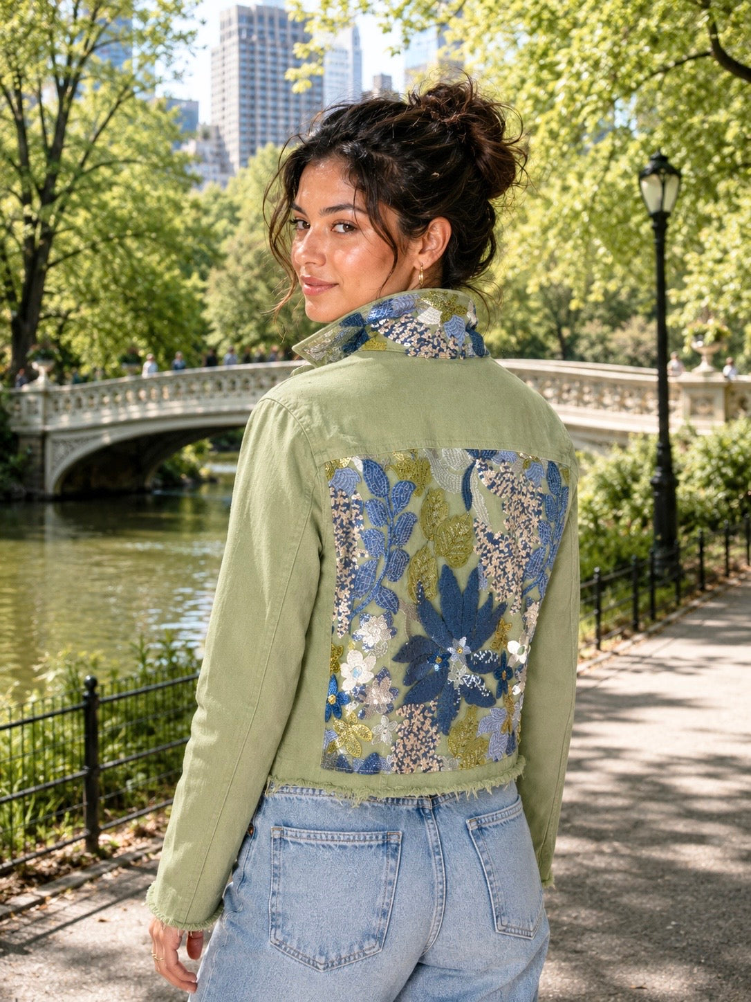 The Tea Leaf Green Denim Jacket / Denim Sequins - Stacy Bradley Design