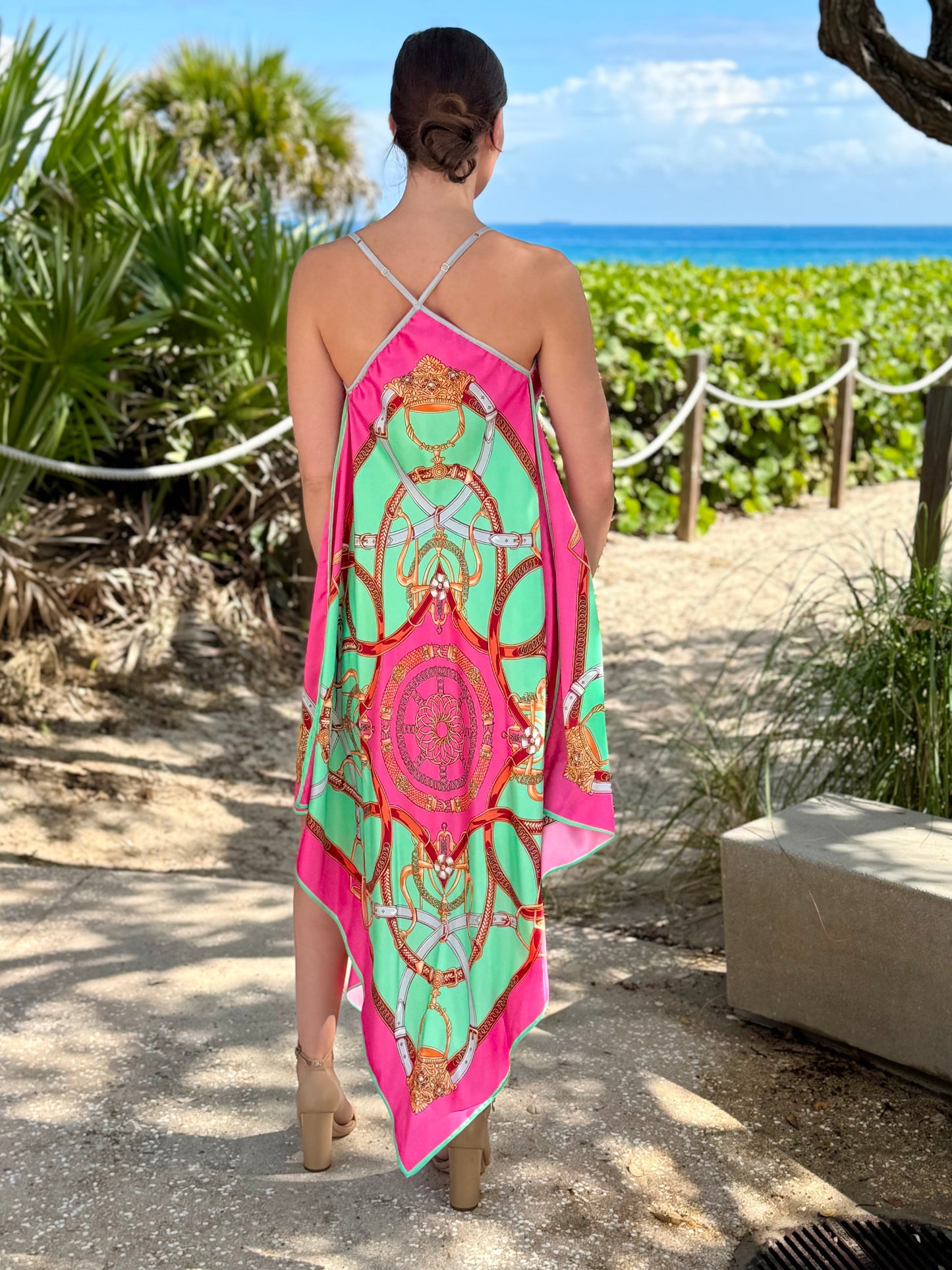 Silk Dress / Turquoise & Pink Stirrup