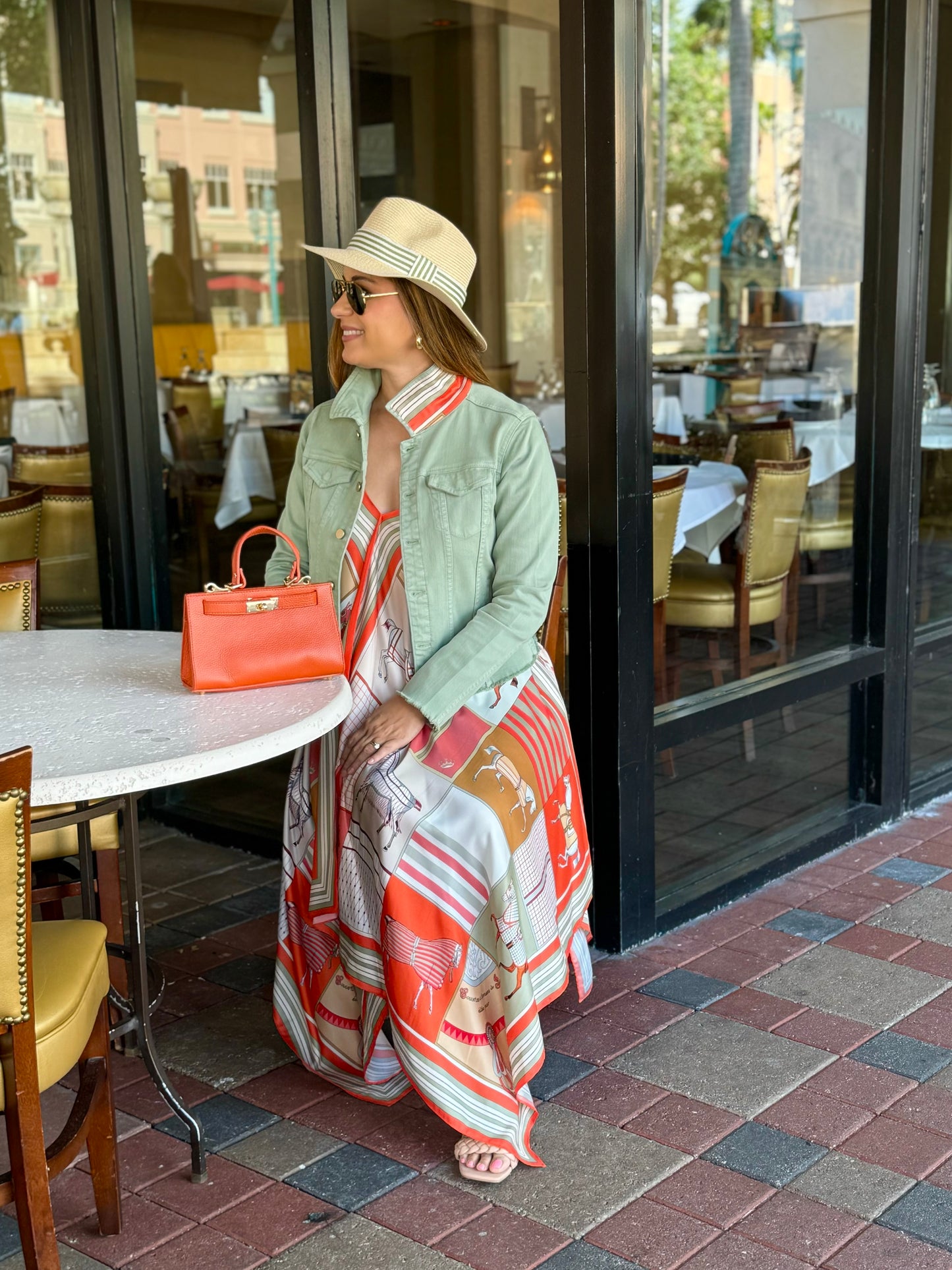 The Tea Leaf Green Denim Jacket / Sage and Coral Horse - Stacy Bradley Design