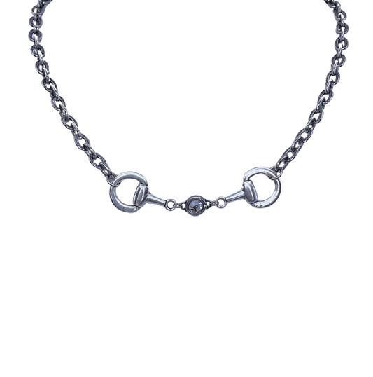 Vintage Sterling Plated Reproduction Horse Bit and Crystal Necklace
