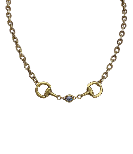 Vintage Gold Plated Reproduction Horse Bit and Crystal Necklace