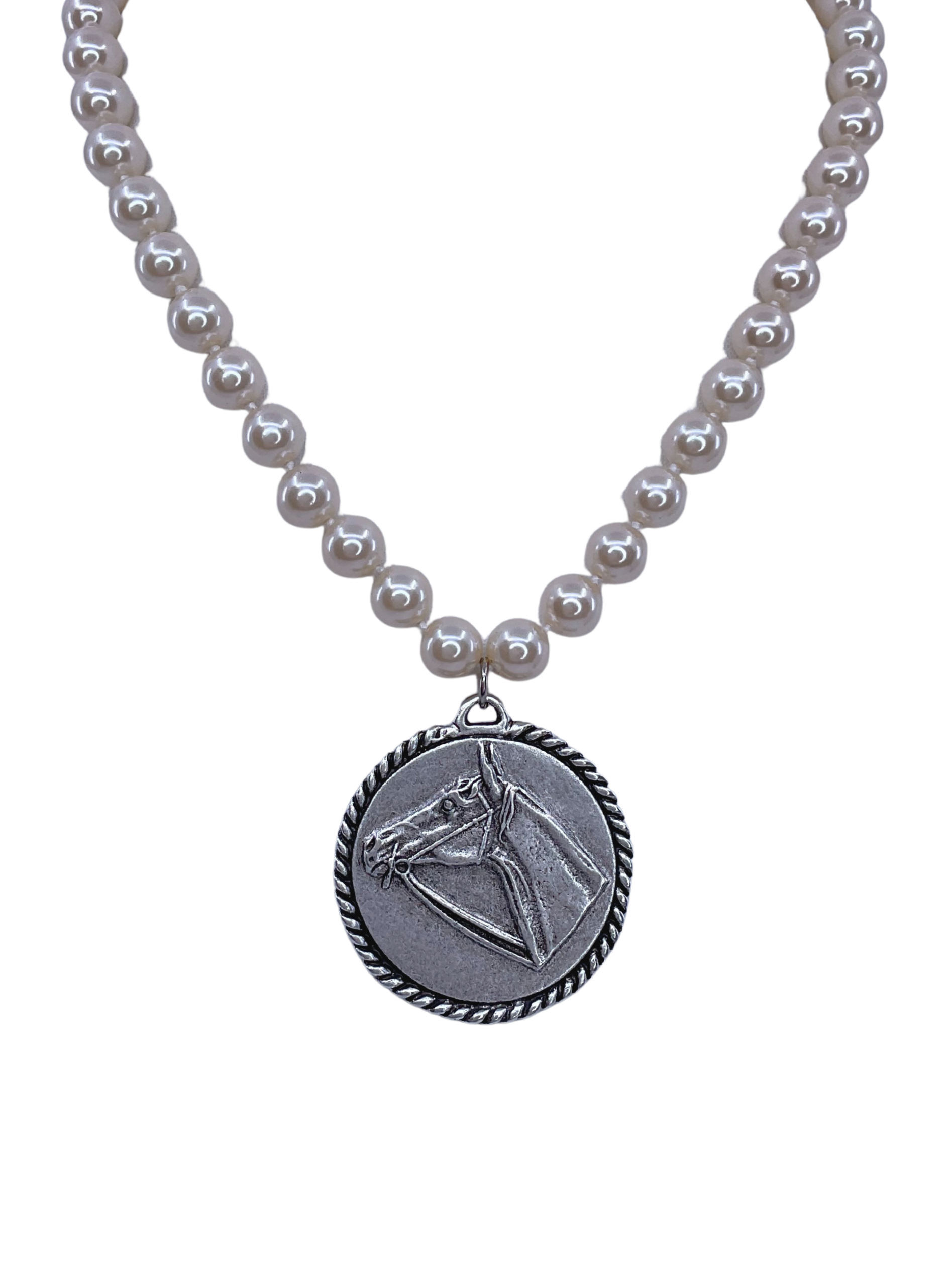 vintage faux Pearl necklace w/ Vintage reproduction Sterling Plated Horse Pendant - Stacy Bradley Design