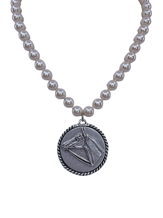 vintage faux Pearl necklace w/ Vintage reproduction Sterling Plated Horse Pendant