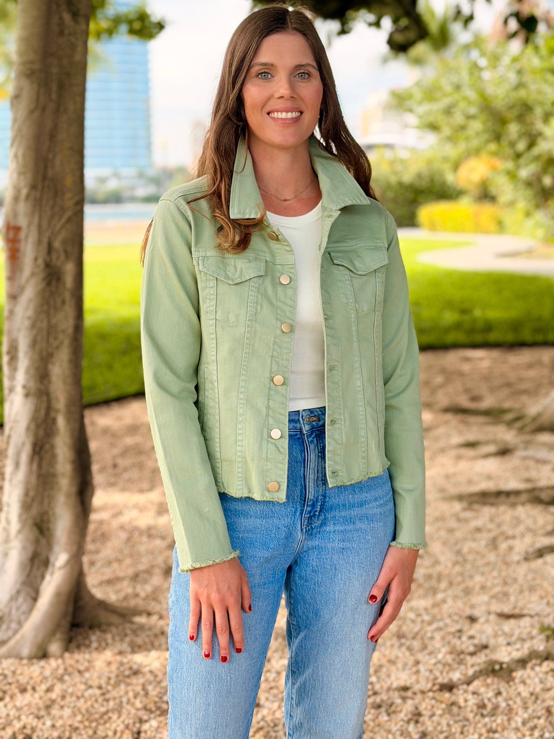 The Tea Leaf Green Denim Jacket / Mandala Burst - Stacy Bradley Design
