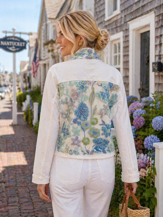 The White Denim Jacket / Blue Sequins - Stacy Bradley Design