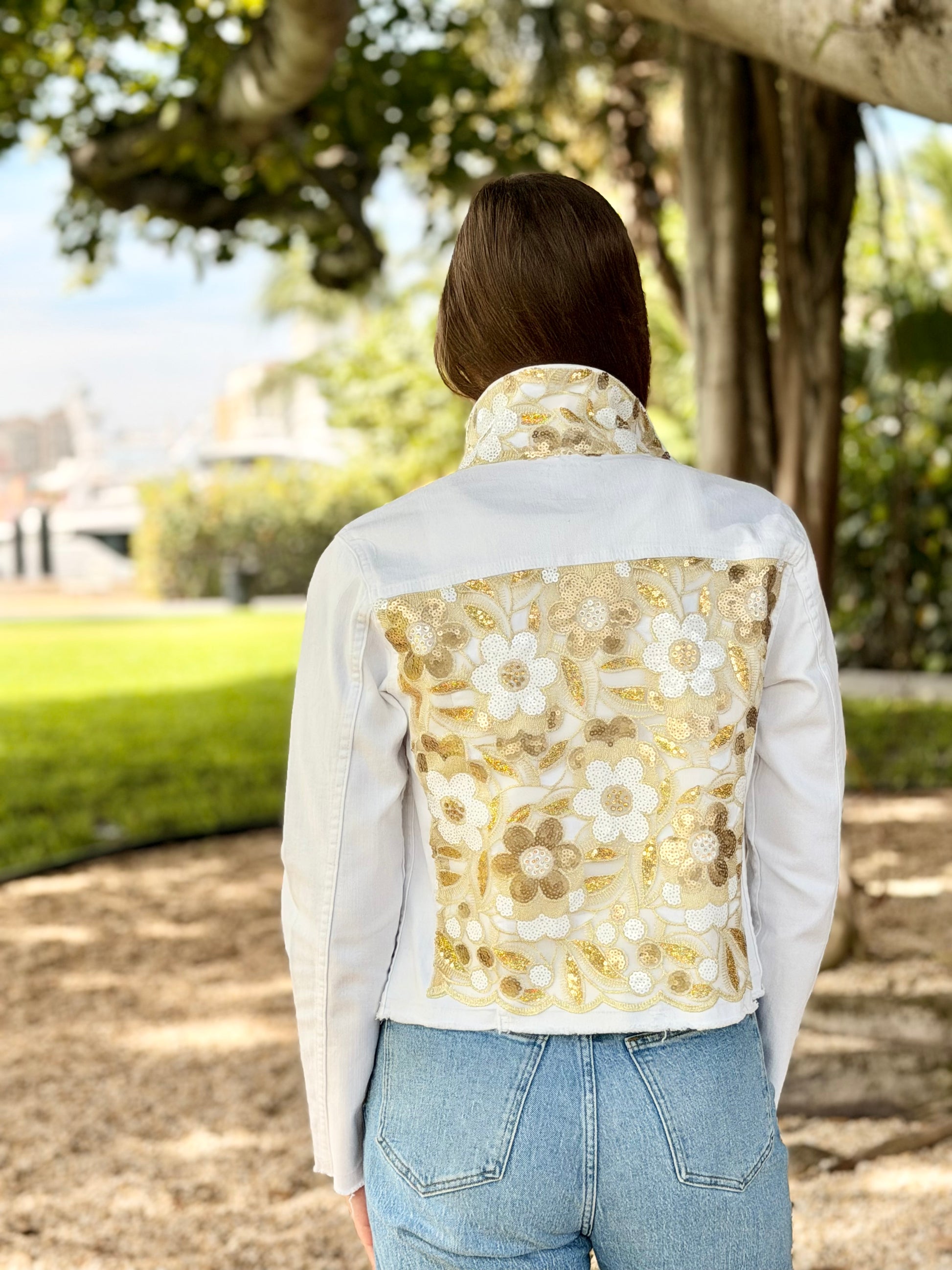 The White Denim Jacket / Gold Sequins - Stacy Bradley Design