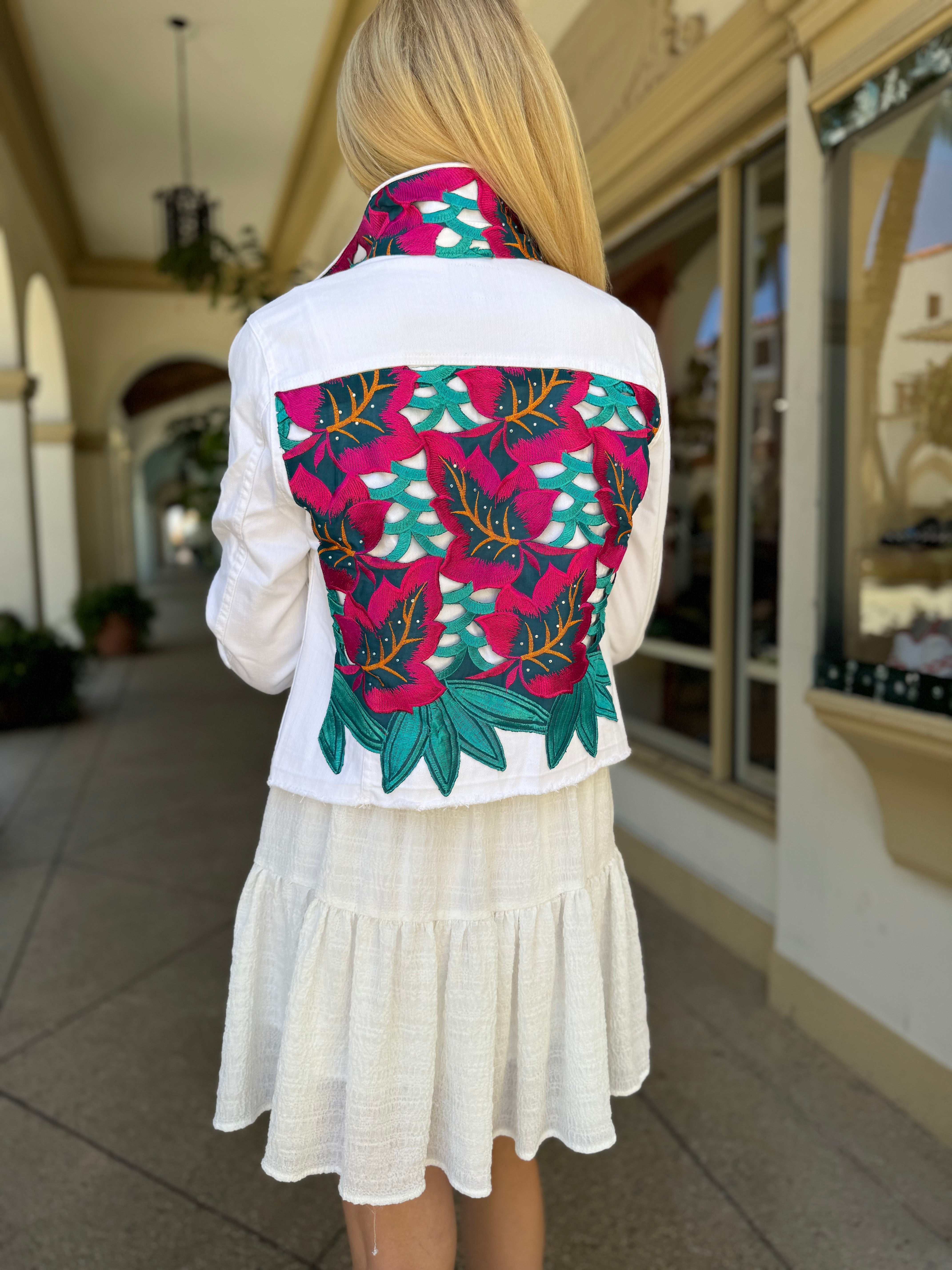 The White Denim Jacket Fuchsia and Teal Woven Design