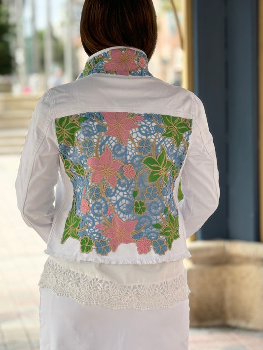 The White Denim Jacket / Woven Pink Blue and Green - Stacy Bradley Design