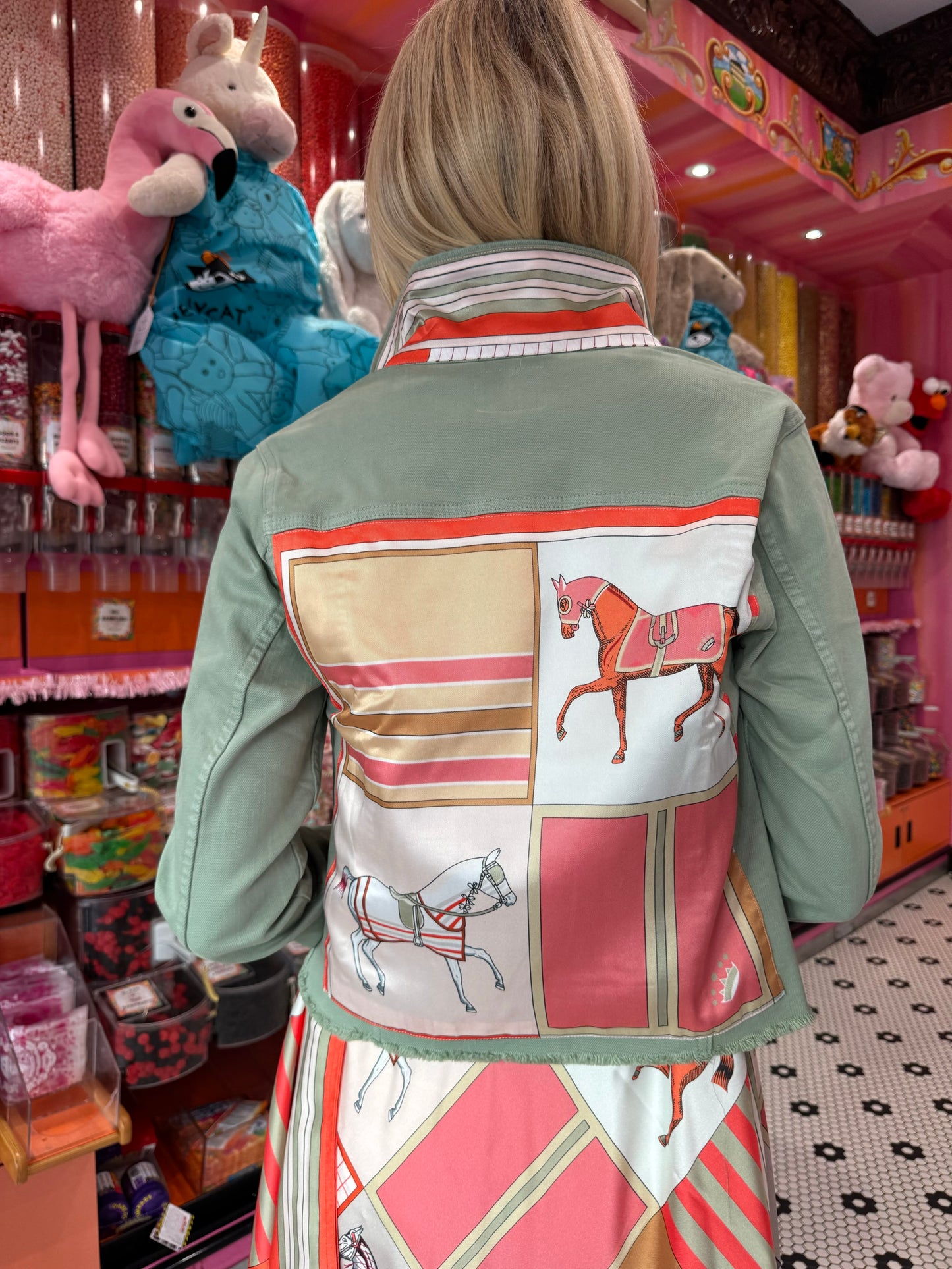 The Tea Leaf Green Denim Jacket / Sage and Coral Horse / Wholesale - Stacy Bradley Design