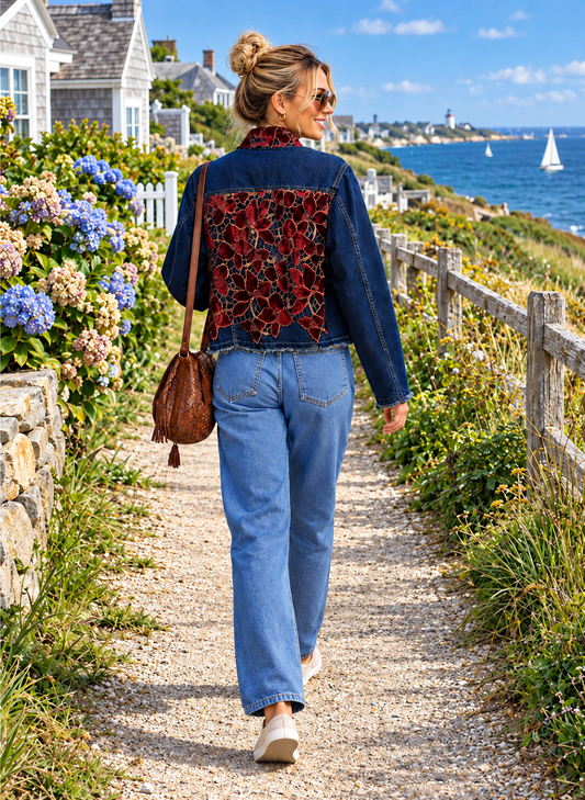 The Dark Denim Jacket / Woven Burgandy
