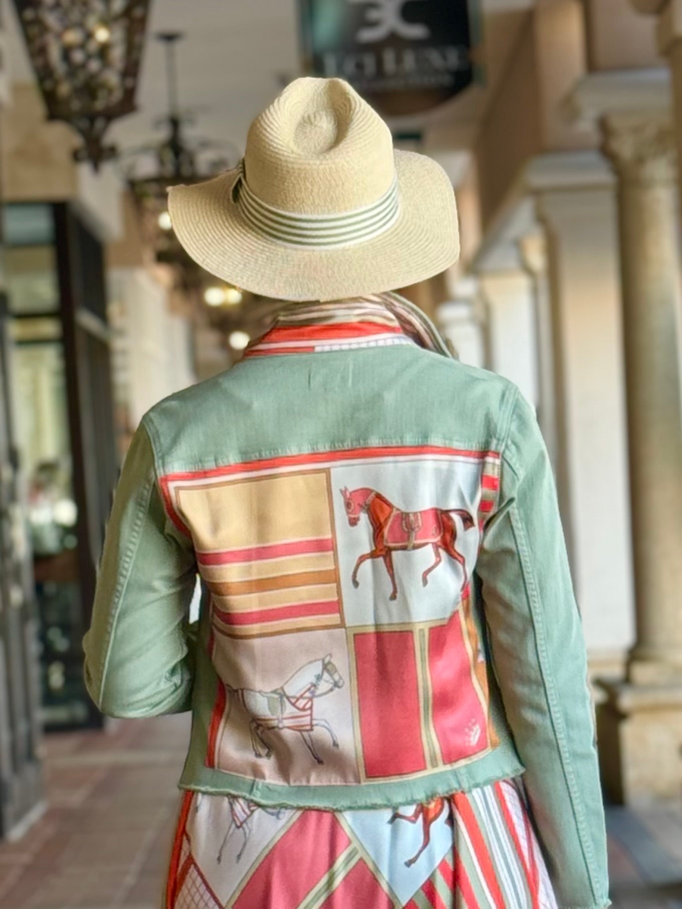 The Tea Leaf Green Denim Jacket / Sage and Coral Horse