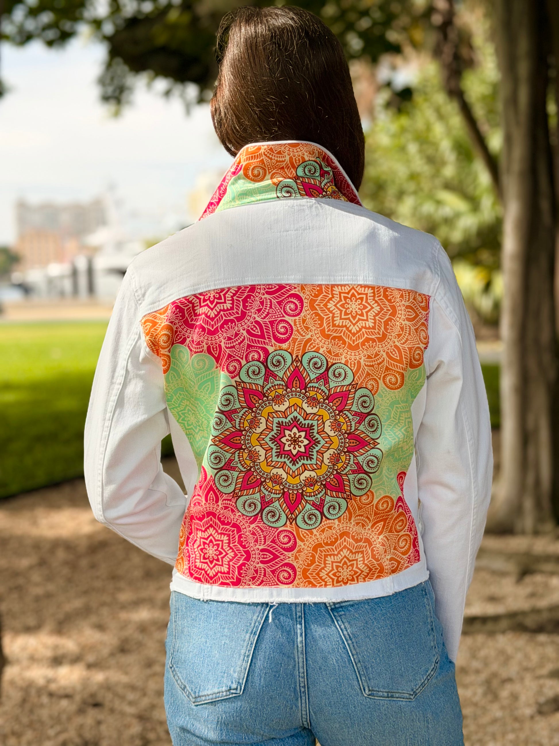 The White Denim Jacket / Mandala Burst - Stacy Bradley Design