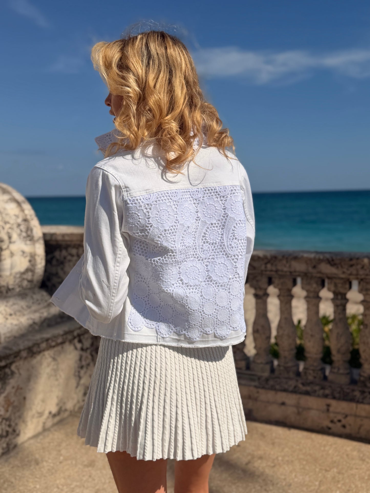 The White Denim Jacket / Crochet White Lace