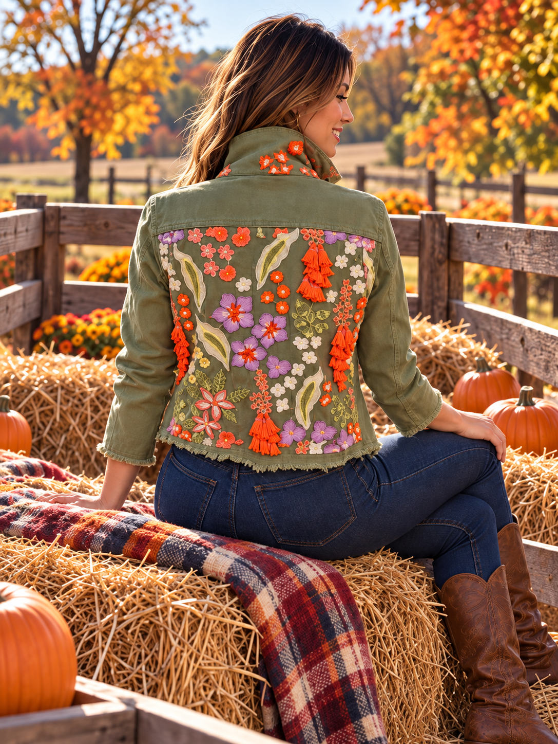The Tea Leaf Green Denim Jacket / Orange Blossom