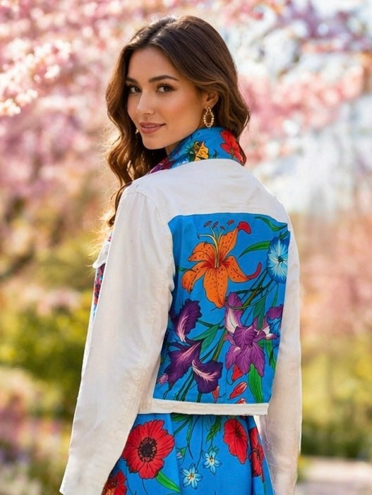 The White Denim Jacket / Cobalt Botanical - Stacy Bradley Design