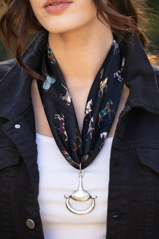 Equine Elagance 100% Silk Scarf in Jet Black with choice of Gold or Silver Metal Horse-Bit