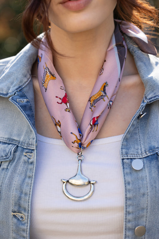 Equine Elegance 100% Silk Scarf in Soft Rose with choice of Gold or Silver Metal Horse-Bit