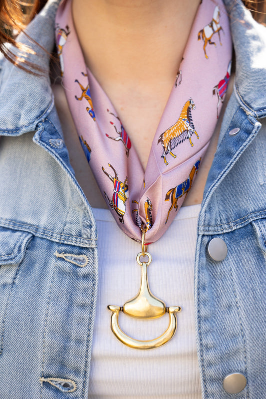 Equine Elegance 100% Silk Scarf in Soft Rose with choice of Gold or Silver Metal Horse-Bit