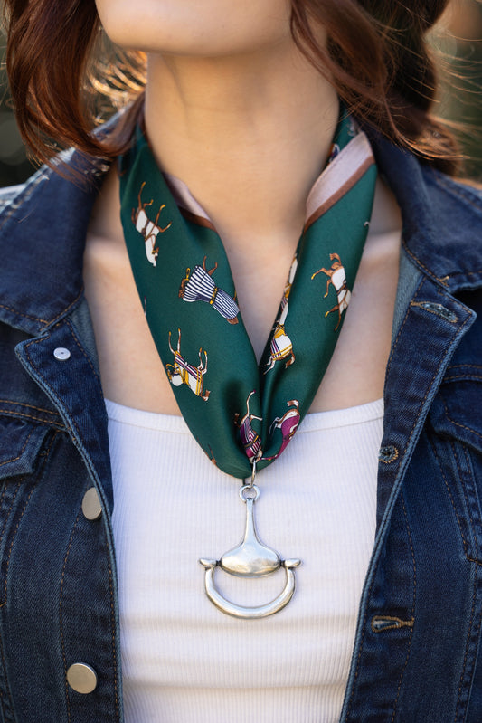 Equine Elegance 100% Silk Scarf in Hunter Green with choice of Gold or Silver Metal Horse-Bit